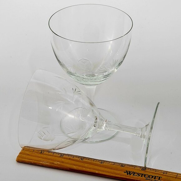 2 Cut Glass Rose Water Glasses 6" vtg ice tea wine goblets etched floral 10oz - Picture 7 of 7